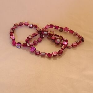 (3) Pink Magenta Shell Chip Stretch Bracelets Boho Beachcore Mother Of Pearl